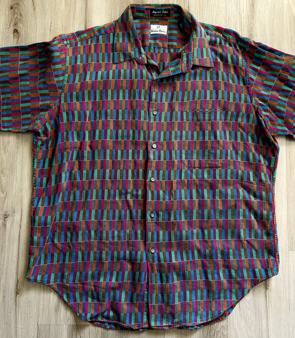 VNTG Neiman Marcus Cotton Linen Blend Multicolor Block Button Down Mens XL Shirt